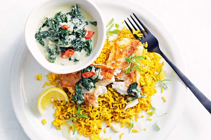 Cooking Fish Fish with quick turmeric rice and coconut silverbeet