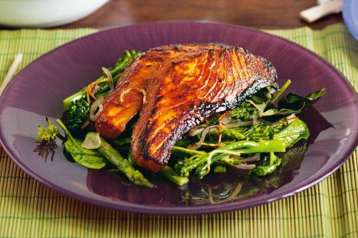 Cooking Fish Five-spice salmon with broccolini and asparagus