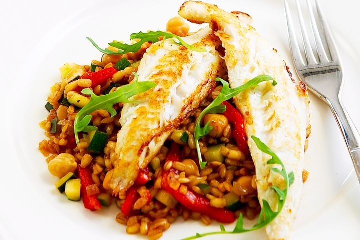 Cooking Fish Flathead with barley and chickpeas