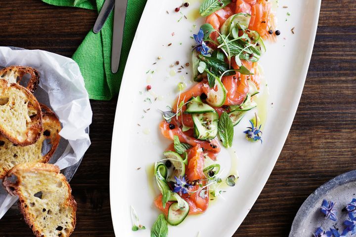 Cooking Fish Gin-cured salmon with cucumber and lime
