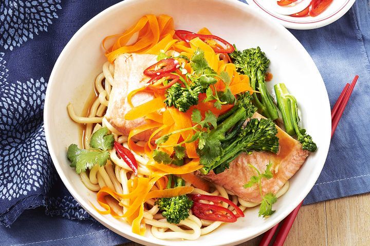 Cooking Fish Ginger-poached salmon with udon noodles