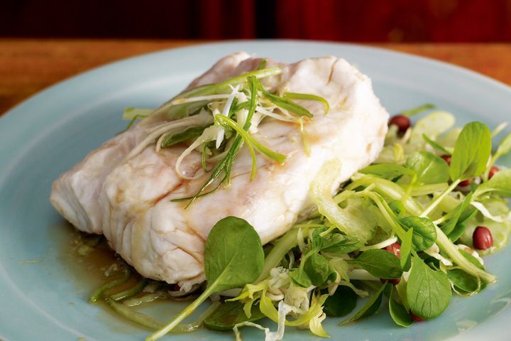 Cooking Fish Ginger and chilli steamed fish with cucumber and tatsoi salad