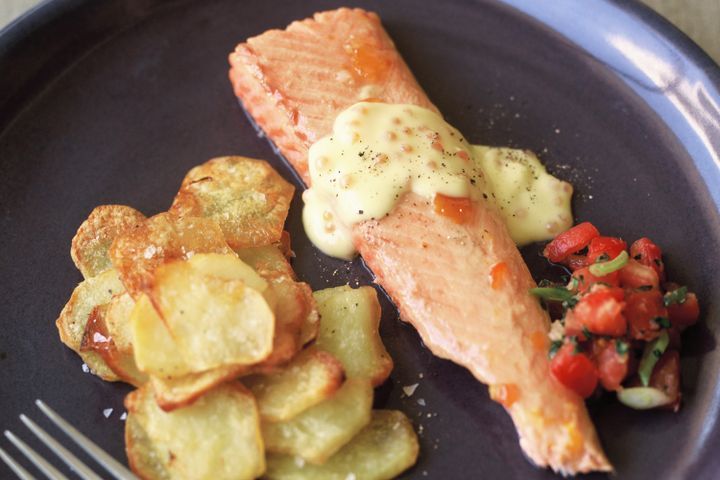 Cooking Fish Glazed salmon with lime beurre blanc and tomato, ginger and basil salsa