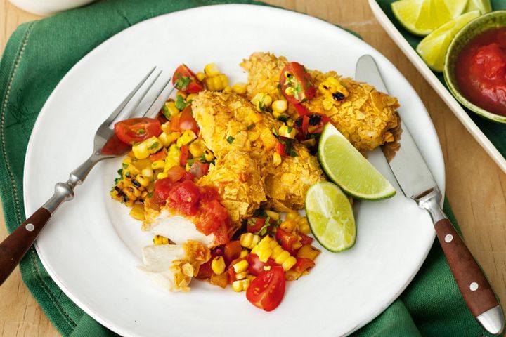 Cooking Fish Gluten-free crunchy baked fish with corn salad