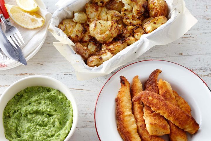 Cooking Fish Gluten free crumbed fish fillets with smashed chats and pea puree