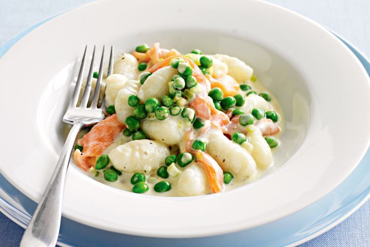 Cooking Fish Gnocchi with smoked salmon and peas