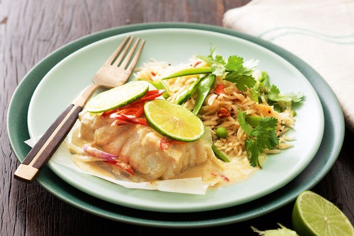 Cooking Fish Green curry fish parcels with coconut rice
