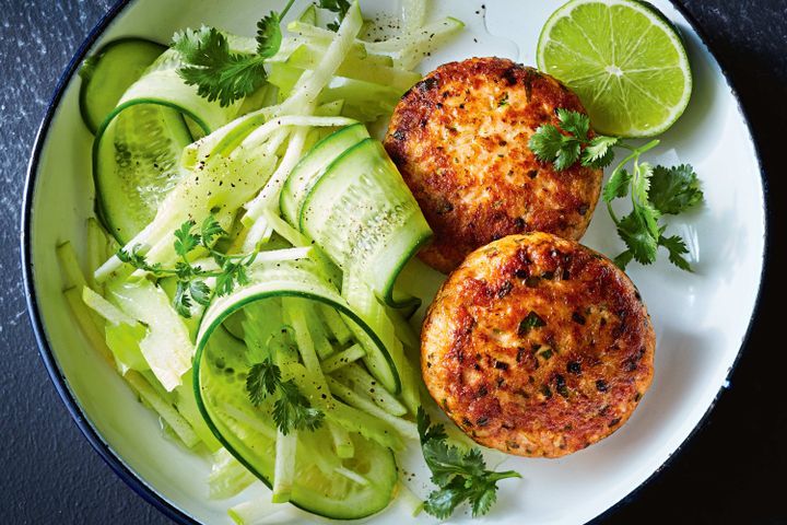 Cooking Fish Green curry salmon cakes with cucumber and apple salad