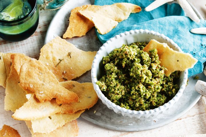 Cooking Fish Green olive dip with rosemary crispbread