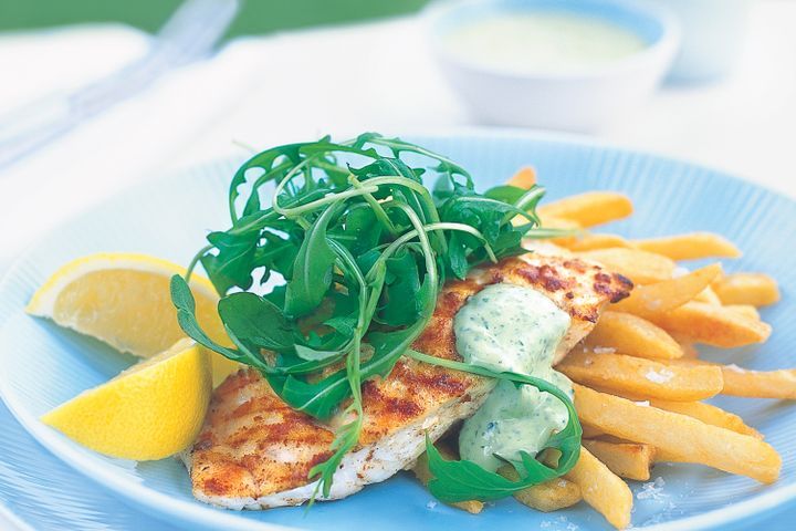 Cooking Fish Grilled blue-eye trevalla with herb mayonnaise and fries