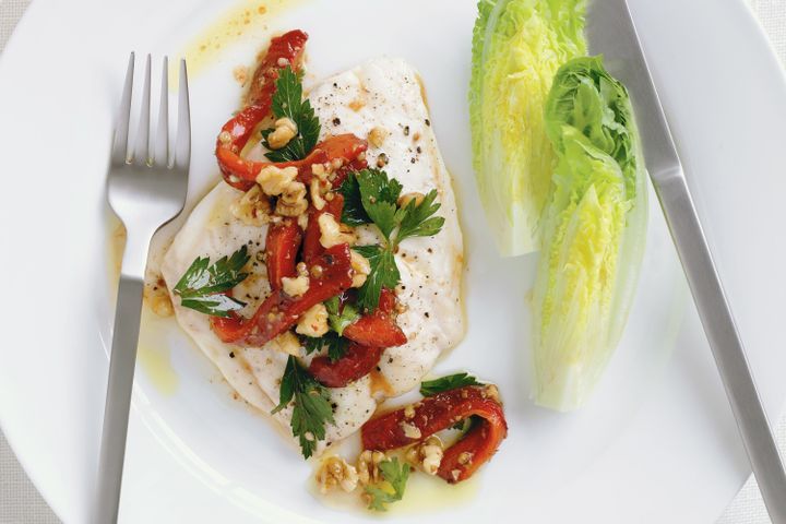 Cooking Fish Grilled fish fillets with capsicum and walnut salsa