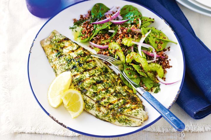 Cooking Fish Grilled lemon and dill fish with red quinoa salad