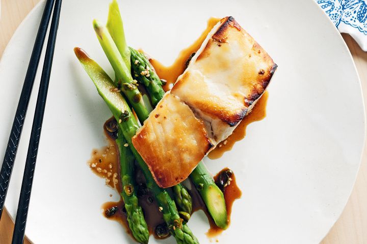 Cooking Fish Grilled miso fish with soy and sesame asparagus