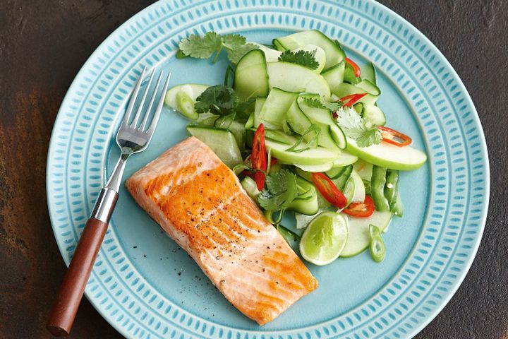 Cooking Fish Grilled ocean trout with apple, lime and cucumber salad