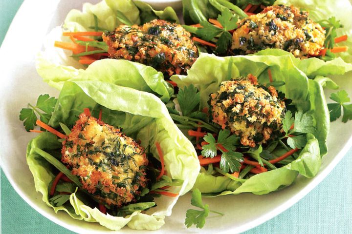 Cooking Fish Herb-crusted fish in lettuce cups with aioli