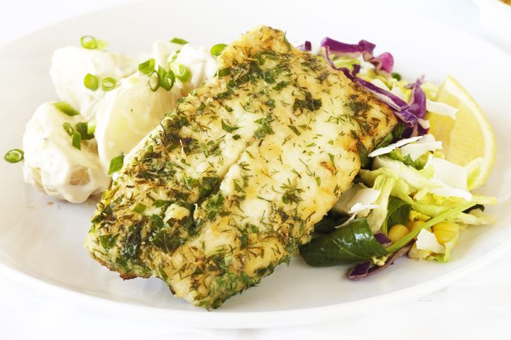 Cooking Fish Herb crusted fish fillets with creamy potato salad