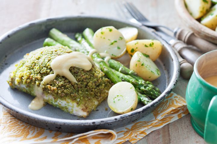 Cooking Fish Herb crusted fish with roasted asparagus & hollandaise sauce