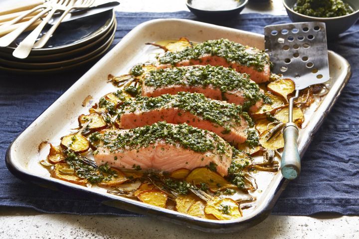 Cooking Fish Herb roasted salmon and golden beets