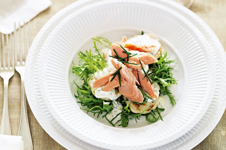 Cooking Fish Herbed pikelets with smoked trout, horseradish cream and endive