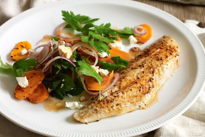Cooking Fish Honey-roast carrot salad with paprika-spiced fish
