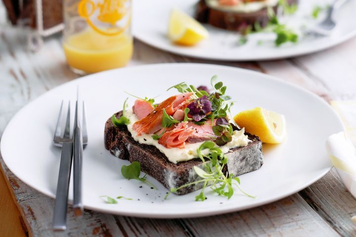 Cooking Fish Hot-smoked salmon on rye with horseradish creme fraiche