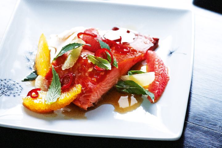 Cooking Fish Hot-smoked salmon with sweet chilli, citrus and mint