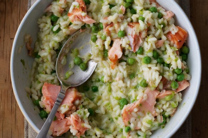 Cooking Fish Hot-smoked trout, pea & lemon risotto