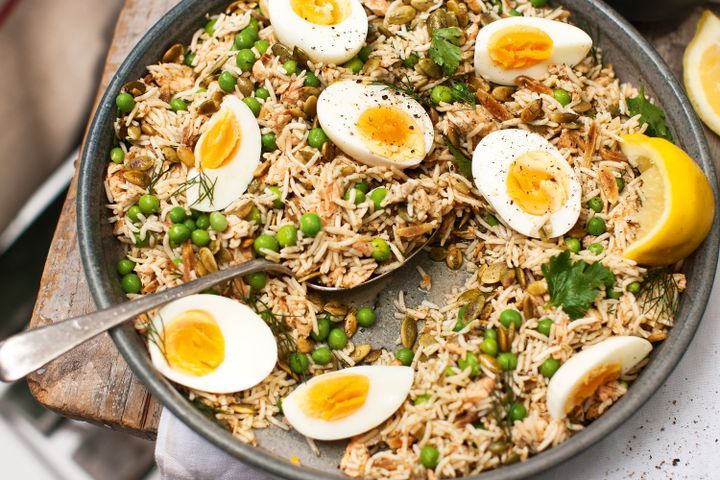 Cooking Fish Kedgeree-style poached salmon salad with peas and toasted pepitas
