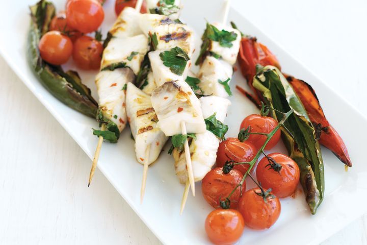 Cooking Fish Kingfish skewers with chargrilled tomatoes and chillies (gluten-free)