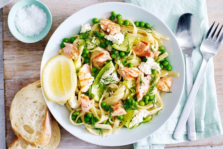 Cooking Fish Lemony salmon pasta with spring vegetables and ricotta