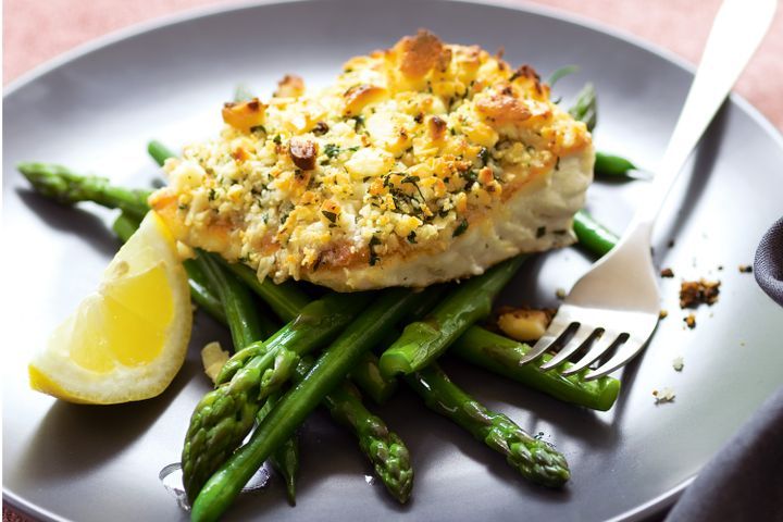 Cooking Fish Macadamia-crusted fish with asparagus and green beans