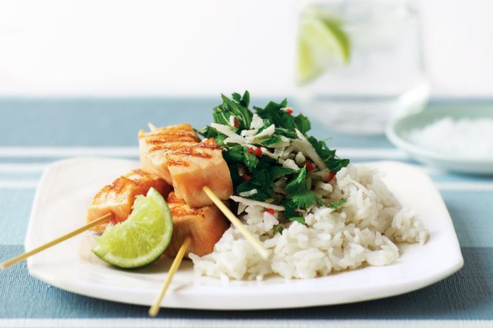 Cooking Fish Mint, coriander & coconut sambal with salmon skewers