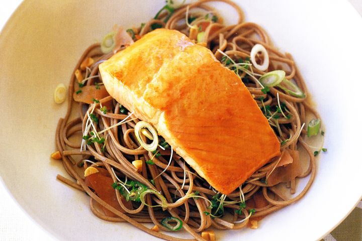 Cooking Fish Miso-glazed salmon with ginger buckwheat noodles
