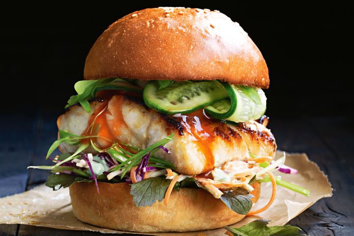 Cooking Fish Miso fish burger with pickled cucumber and slaw