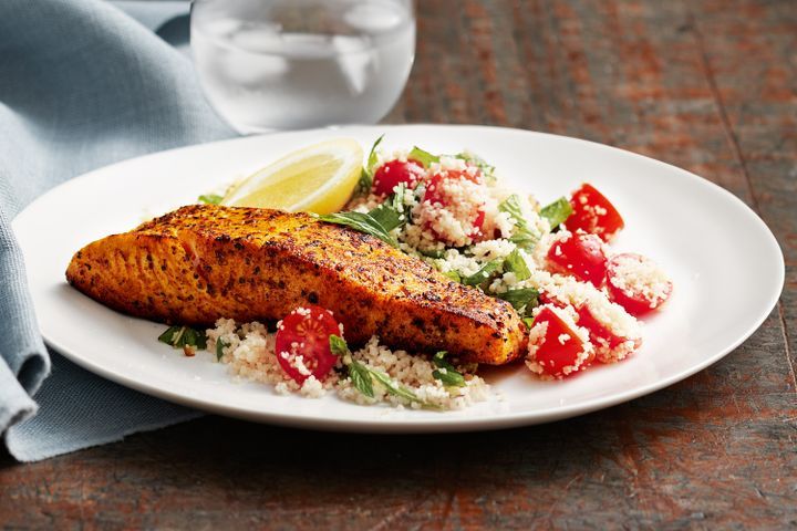 Cooking Fish Moroccan salmon with tomato & pistachio couscous