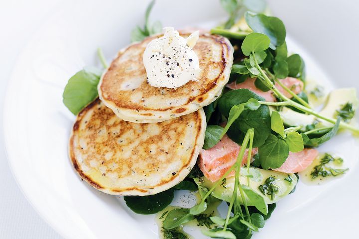 Cooking Fish Mustard dill pikelets with smoked trout and avocado salad