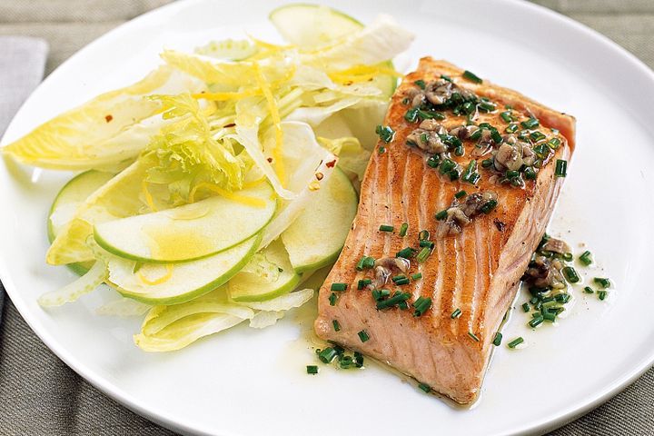Cooking Fish Ocean trout with celery, witlof and apple salad, and anchovy dressing