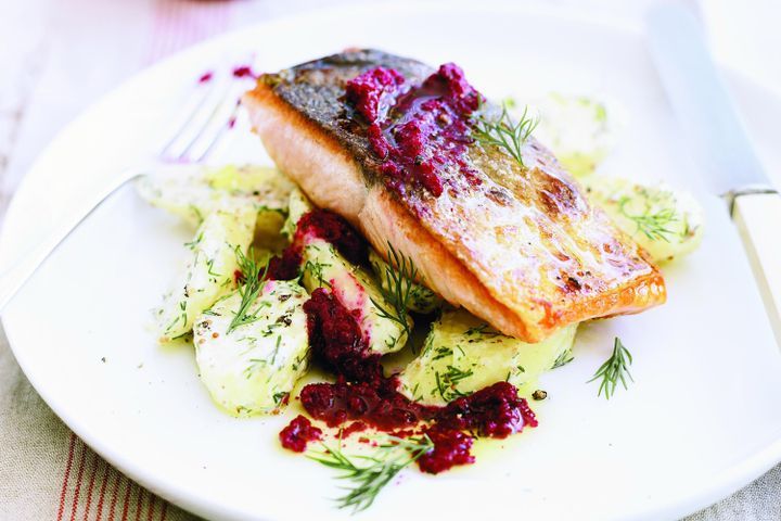 Cooking Fish Ocean trout with dill potatoes and beetroot pesto