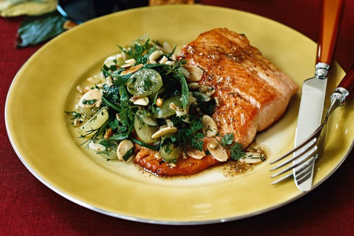 Cooking Fish Ocean trout with grape, almond and orzo salad