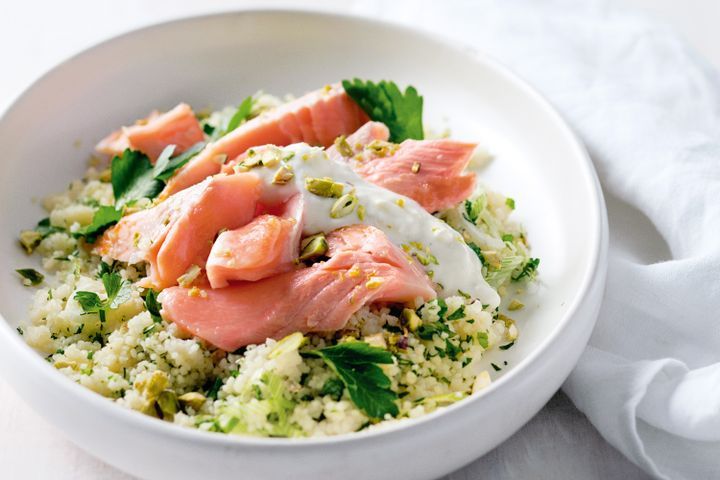 Cooking Fish Ocean trout with spring onion and mint couscous