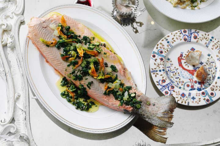 Cooking Fish Ocean trout with zucchini flower and parsley sauce