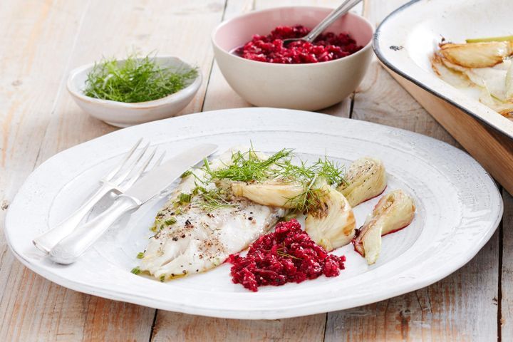 Cooking Fish Oven-roasted barramundi and fennel with beetroot dressing