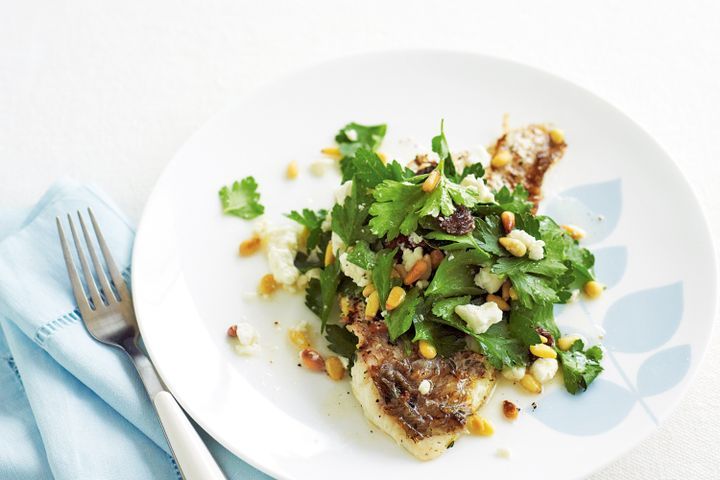 Cooking Fish Pan-fried snapper with parsley & feta salad