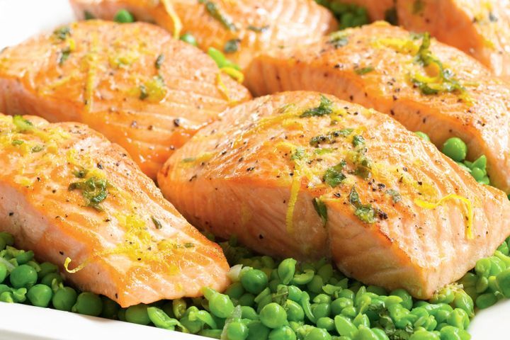 Cooking Fish Pan seared salmon with smashed peas