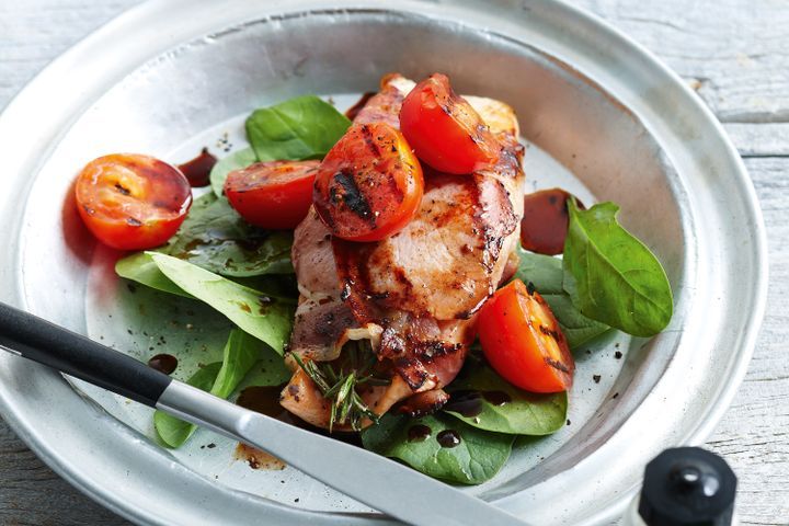 Cooking Fish Pancetta-wrapped salmon with spinach salad