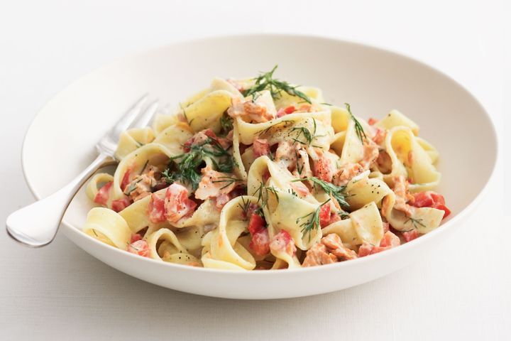 Cooking Fish Pappardelle with salmon, yoghurt, tomato and dill