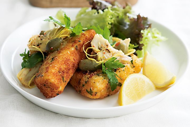 Cooking Fish Parmesan and herb fish fingers with artichoke and caperberry salsa