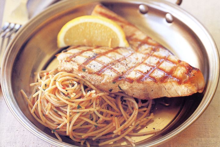 Cooking Fish Pasta with chilli oil and grilled swordfish (gluten-free)