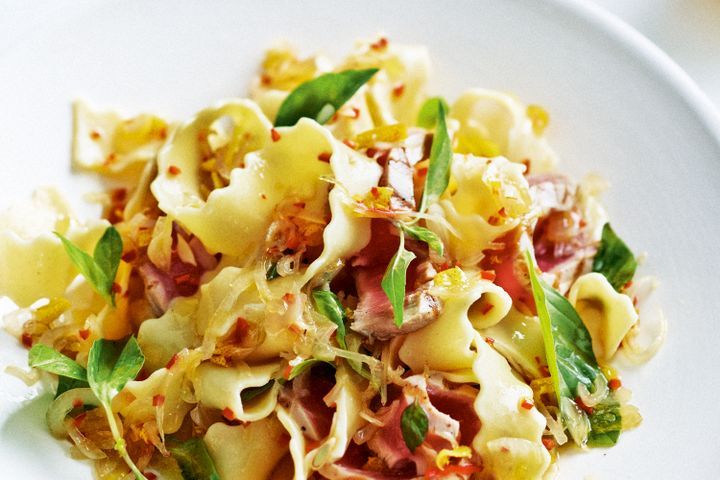 Cooking Fish Pasta with tuna, chilli, lemon and Thai basil