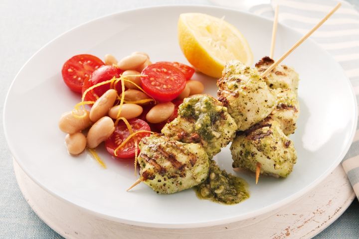 Cooking Fish Pesto fish skewers with bean & tomato salad